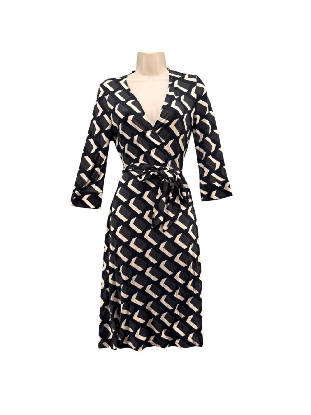 Diane Von Furstenberg Julian Wrap Dress Black White Silk 3/4 Sleeve Size 4